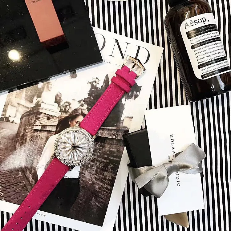 Rotatable Dial Leather Belt Women's Watch