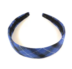 royal blue black white plaid headband 1 1/8 inches wide tartan fabric covered hair band plaid headband