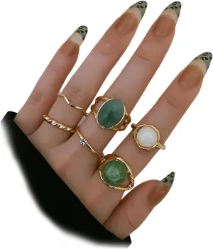Rrdaily Stackable Gold Rhinestone Rings Set for Women Vintage Natural Gemstone Knuckle Rings Lucky Thumb Joint Finger Rings Jewelry Accessories