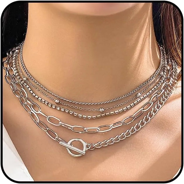 Rrdaily Trendy Gold Stackable Choker Necklace Set for Women Layered Paperclip Beaded Chain Link Necklaces OT Buckle Necklaces Jewelry Accessories