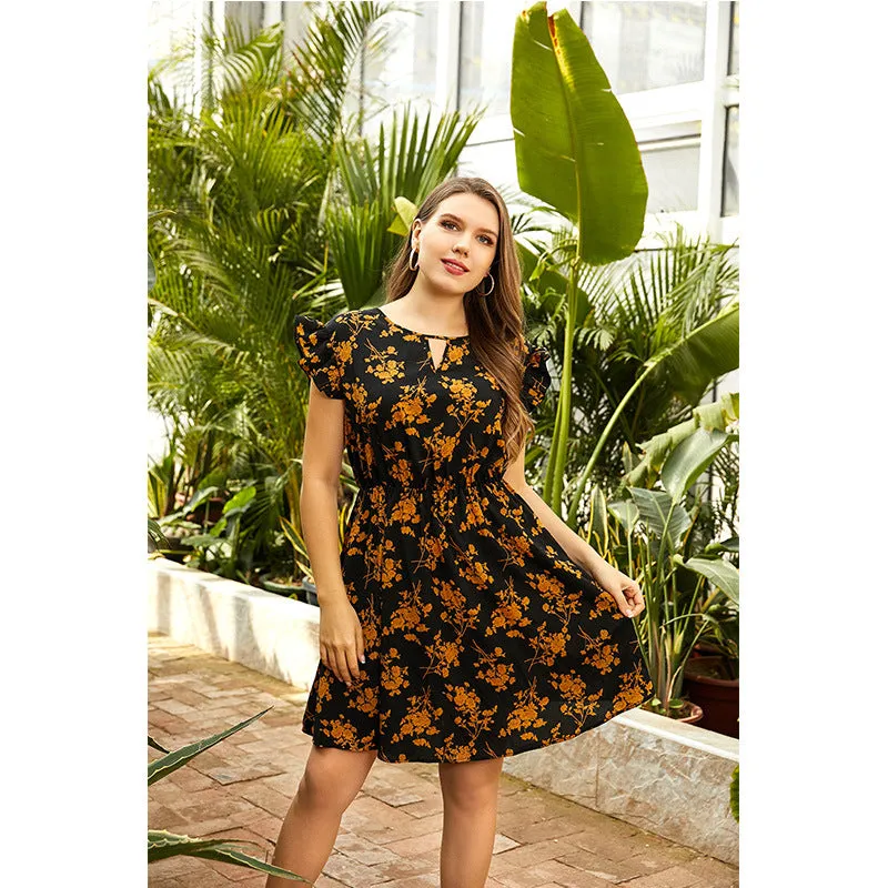 Ruffle Short Sleeve Floral Print O Neck Wholesale Plus Size Dresses for Women Summer