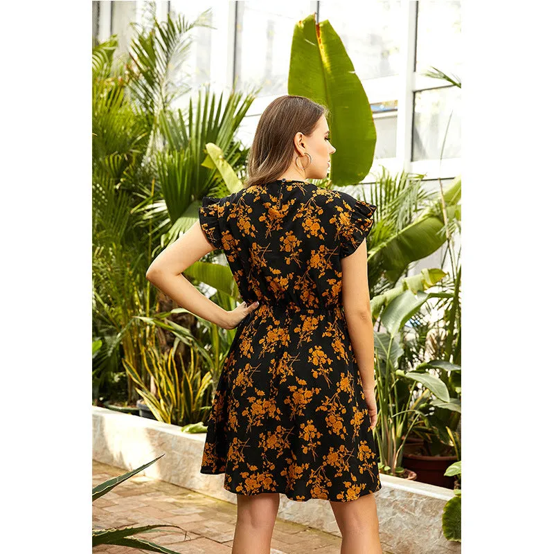 Ruffle Short Sleeve Floral Print O Neck Wholesale Plus Size Dresses for Women Summer