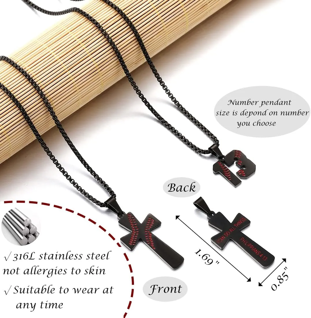 RWQIAN 2PCS Baseball Necklace for Boys Baseball Number Pendant Necklace Stainless Steel Mens Baseball Cross and Number Chain Set,I CAN DO ALL THINGS Strength Bible Verse Cross Necklace Sport Jewelry