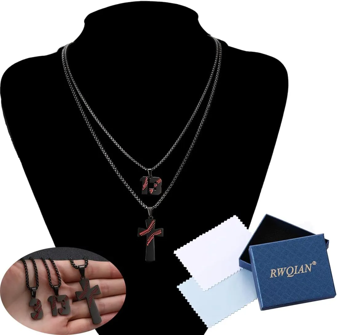 RWQIAN 2PCS Baseball Necklace for Boys Baseball Number Pendant Necklace Stainless Steel Mens Baseball Cross and Number Chain Set,I CAN DO ALL THINGS Strength Bible Verse Cross Necklace Sport Jewelry