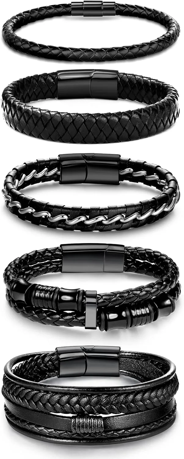 SAILIMUE 5 pcs Black Leather Bracelets for Men Women Braided Leather Wristband Cuff Bracelets Set 7.5-8.5 inch