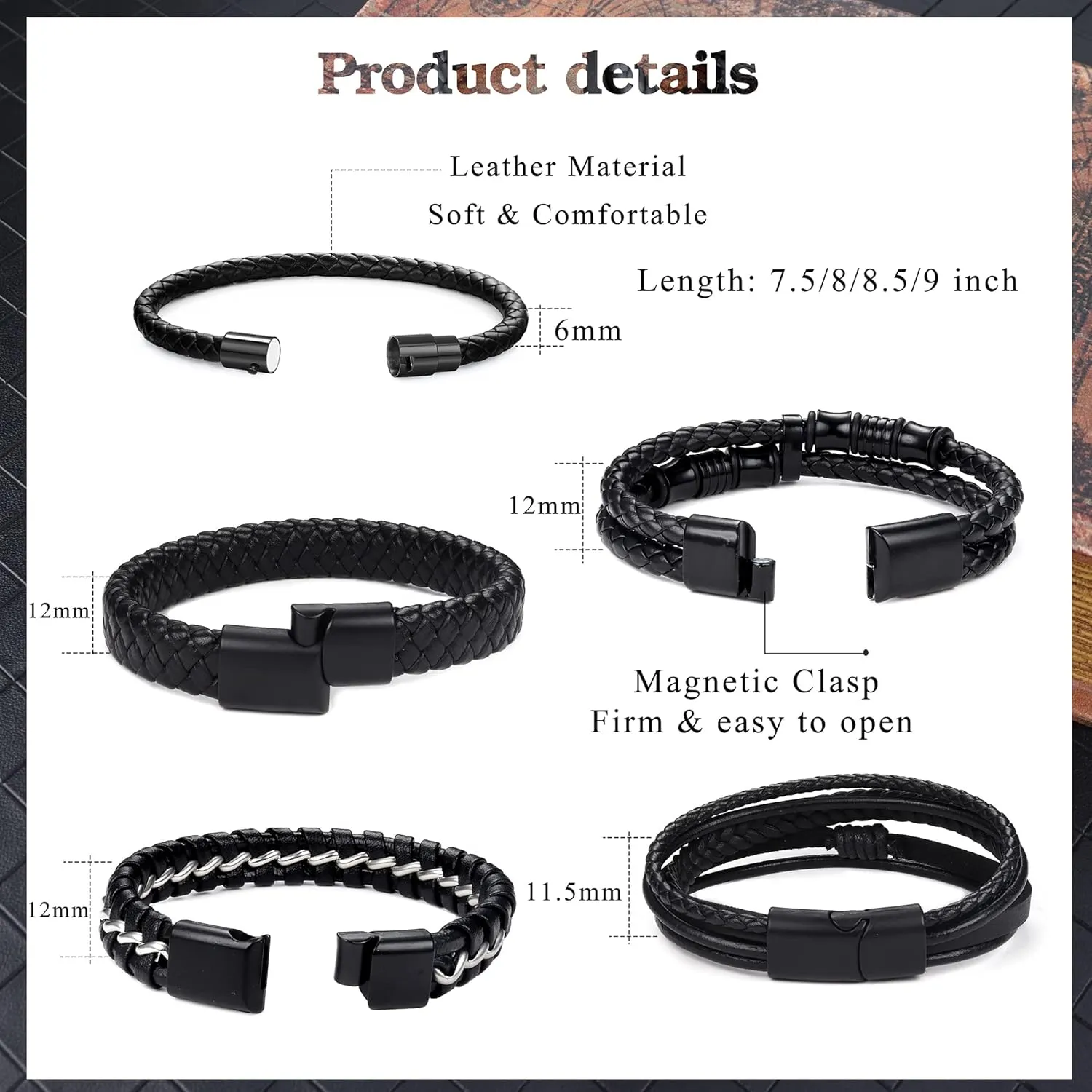 SAILIMUE 5 pcs Black Leather Bracelets for Men Women Braided Leather Wristband Cuff Bracelets Set 7.5-8.5 inch