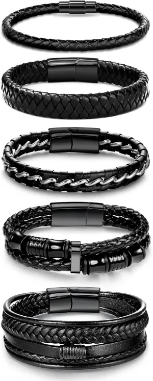 SAILIMUE 5 pcs Black Leather Bracelets for Men Women Braided Leather Wristband Cuff Bracelets Set 7.5-8.5 inch