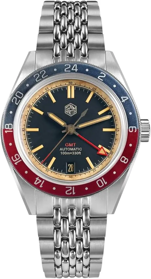 San Martin SN0116 V 6 Vintage Distressed Aluminum Bezel Men's Watch NH34 GMT Automatic Mechanical Retro Waterproof Watchess