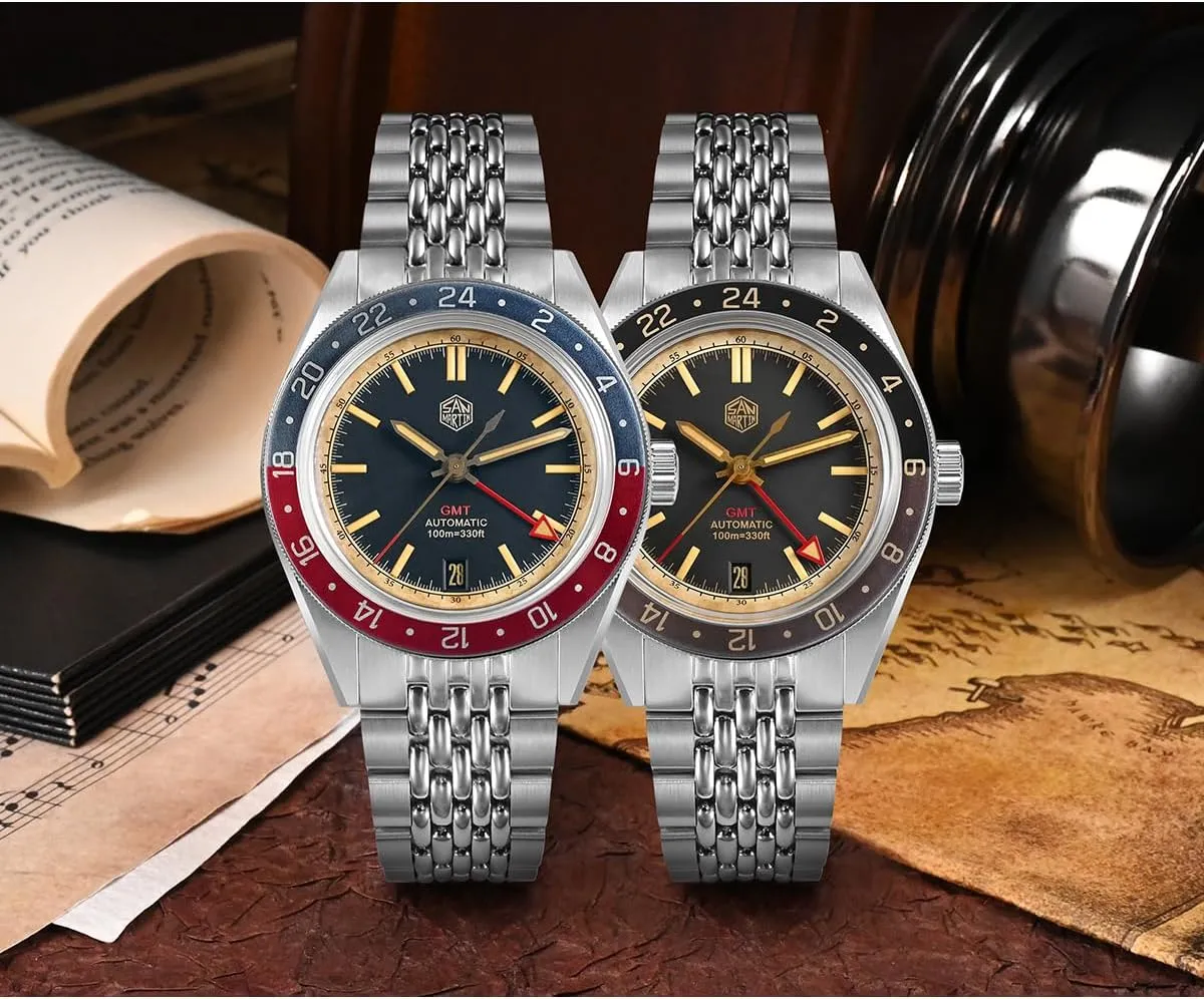 San Martin SN0116 V 6 Vintage Distressed Aluminum Bezel Men's Watch NH34 GMT Automatic Mechanical Retro Waterproof Watchess