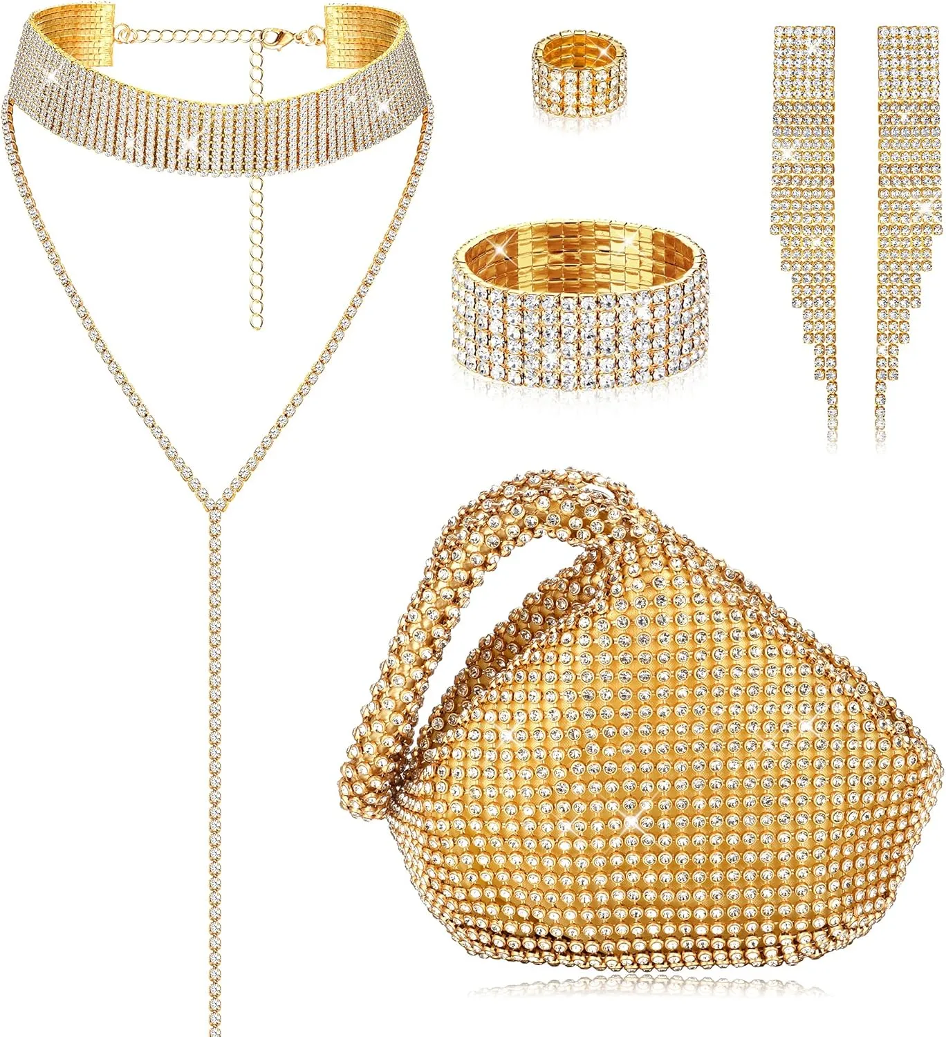 Sanfenly 6 Pieces Women Crystal Jewelry Set Rhinestone Choker Necklace Stretch Bangle Bracelet Ring Dangle Fringe Earrings Triangle Glitter Bling Purse for Bridal Wedding Party