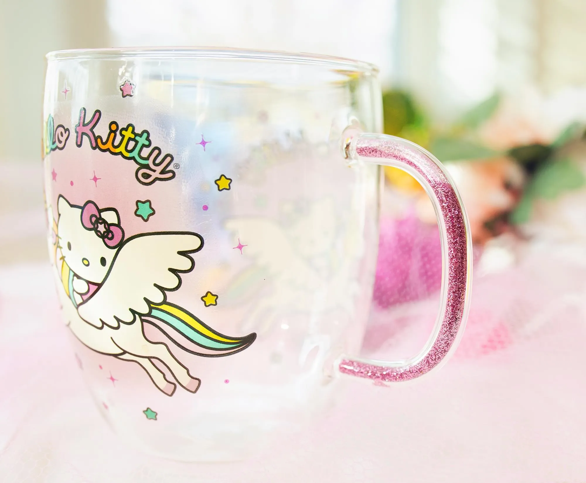 Sanrio Hello Kitty Unicorn Glass Mug With Glitter Handle | Holds 14 Ounces