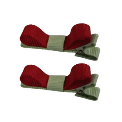 School Hair Accessories - Deluxe Hair Clips 2 Colour option (Set of 2) Pastel Green Base & Centre Ribbon (36 colours top)