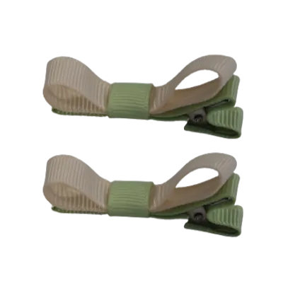 School Hair Accessories - Deluxe Hair Clips 2 Colour option (Set of 2) Pastel Green Base & Centre Ribbon (36 colours top)