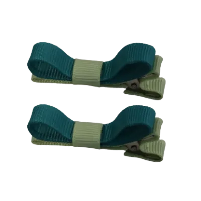 School Hair Accessories - Deluxe Hair Clips 2 Colour option (Set of 2) Pastel Green Base & Centre Ribbon (36 colours top)