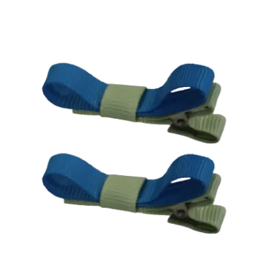 School Hair Accessories - Deluxe Hair Clips 2 Colour option (Set of 2) Pastel Green Base & Centre Ribbon (36 colours top)
