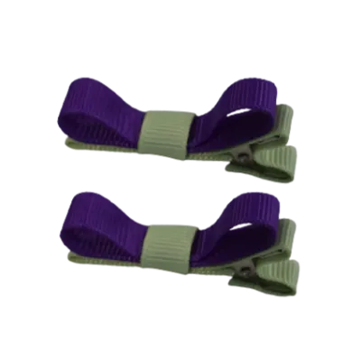 School Hair Accessories - Deluxe Hair Clips 2 Colour option (Set of 2) Pastel Green Base & Centre Ribbon (36 colours top)