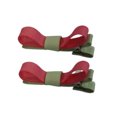 School Hair Accessories - Deluxe Hair Clips 2 Colour option (Set of 2) Pastel Green Base & Centre Ribbon (36 colours top)