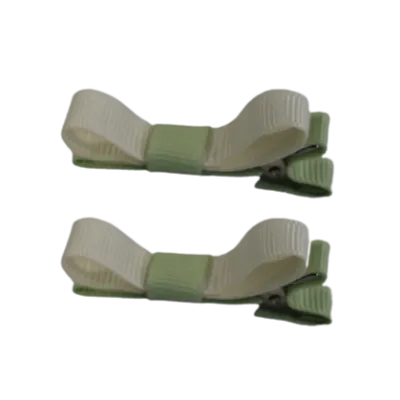 School Hair Accessories - Deluxe Hair Clips 2 Colour option (Set of 2) Pastel Green Base & Centre Ribbon (36 colours top)