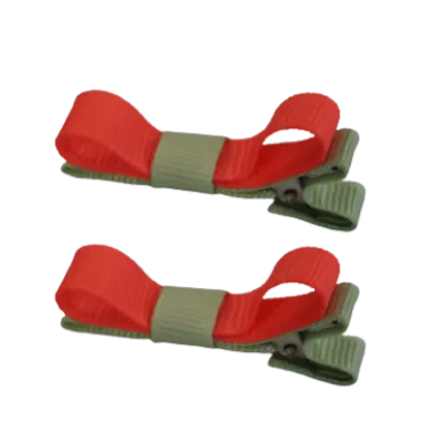School Hair Accessories - Deluxe Hair Clips 2 Colour option (Set of 2) Pastel Green Base & Centre Ribbon (36 colours top)