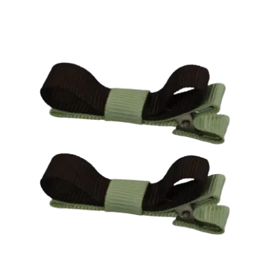 School Hair Accessories - Deluxe Hair Clips 2 Colour option (Set of 2) Pastel Green Base & Centre Ribbon (36 colours top)