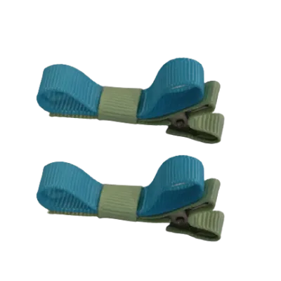 School Hair Accessories - Deluxe Hair Clips 2 Colour option (Set of 2) Pastel Green Base & Centre Ribbon (36 colours top)