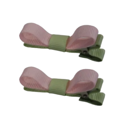 School Hair Accessories - Deluxe Hair Clips 2 Colour option (Set of 2) Pastel Green Base & Centre Ribbon (36 colours top)