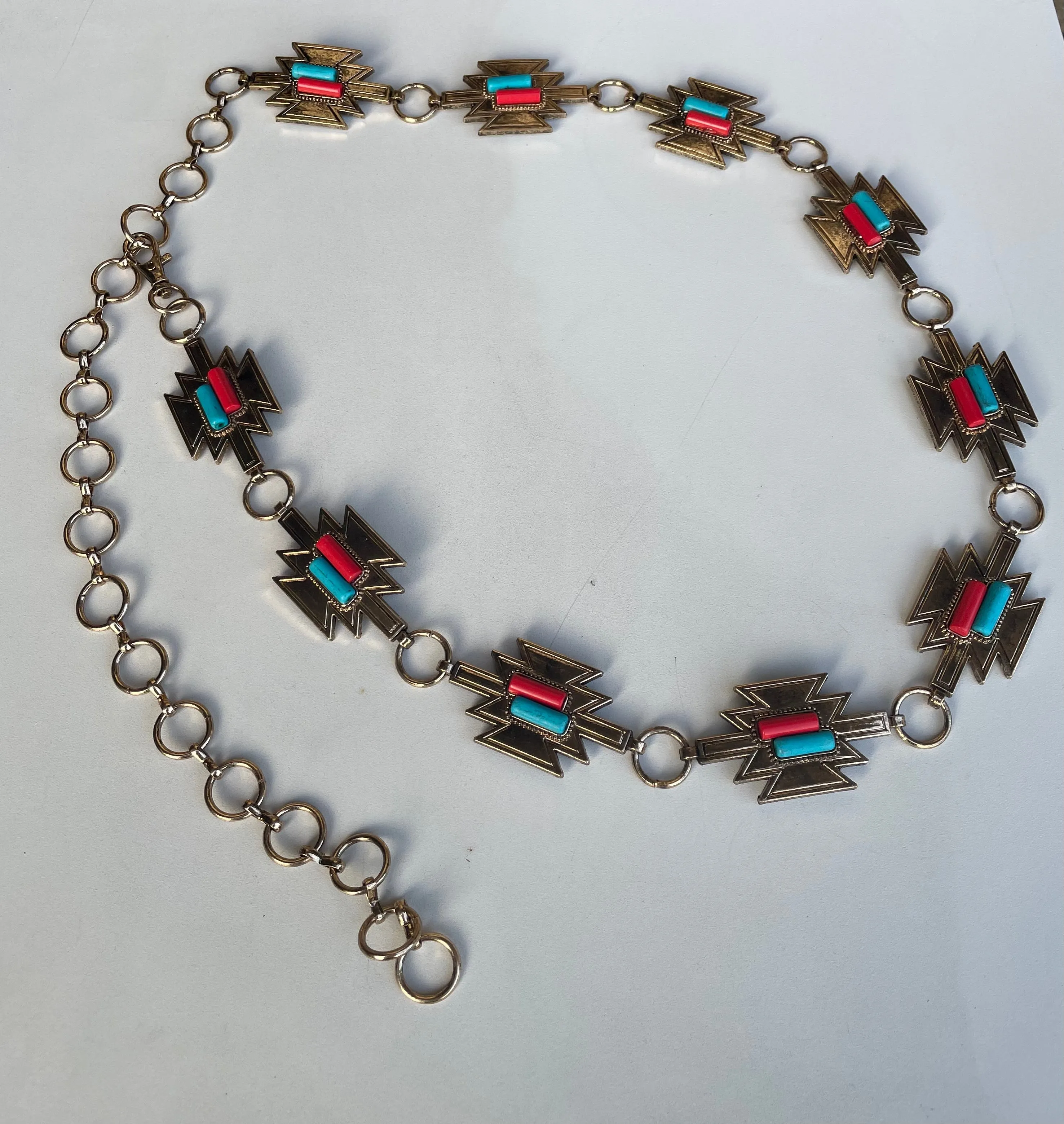 Sedona Gold Chain Belt w/Red & Turquoise Aztec Design
