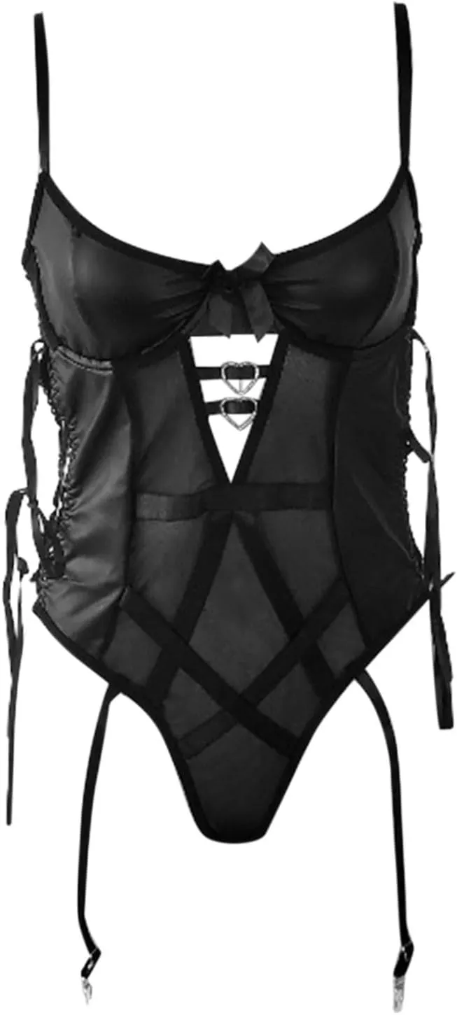 Seductive Lingerie Set for Women Elegant Teddy Bodysuit with Corset Design Mesh and Leather Ideal for Nightwear