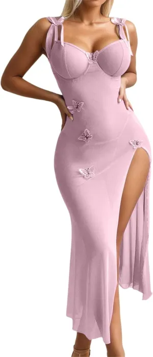 Seductive Mesh Sheer Maxi Lingerie Dress with Underwire and Thong 2 Piece Set for Night Out and
