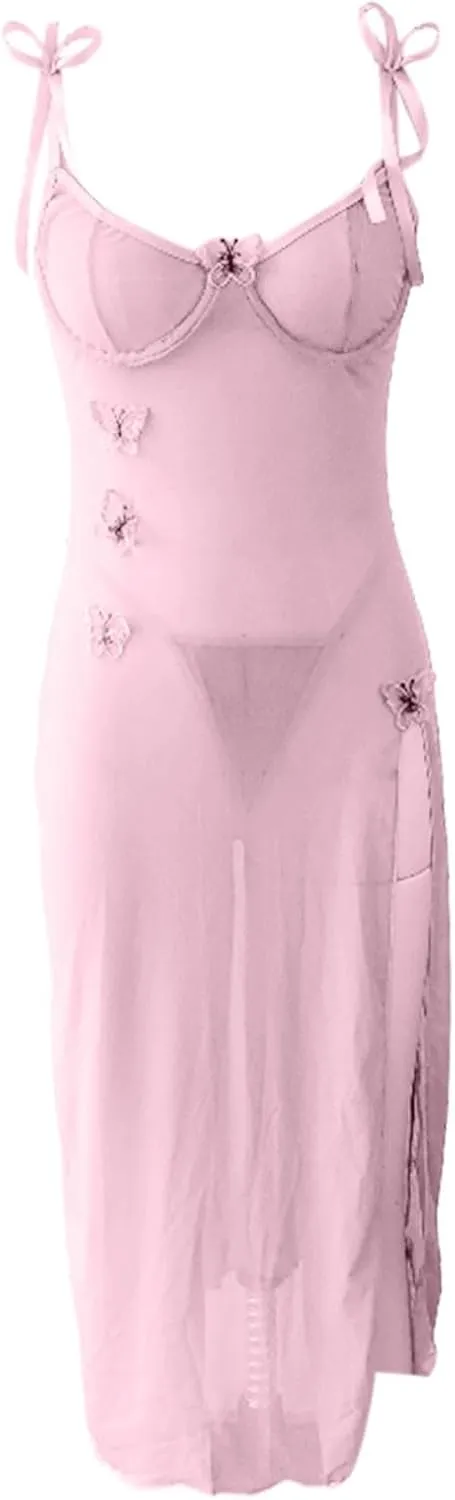 Seductive Mesh Sheer Maxi Lingerie Dress with Underwire and Thong 2 Piece Set for Night Out and