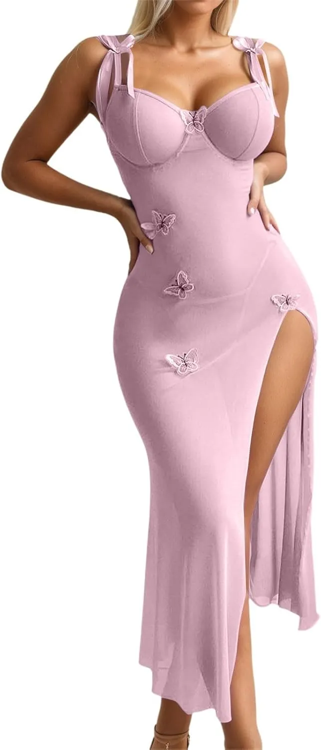 Seductive Mesh Sheer Maxi Lingerie Dress with Underwire and Thong 2 Piece Set for Night Out and
