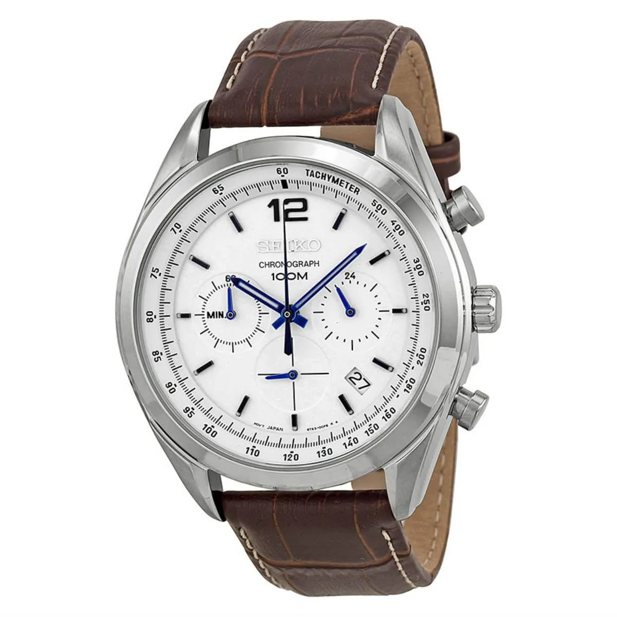 Seiko Men's Chronograph Watch - White Dial Brown Leather Strap | SSB095P1