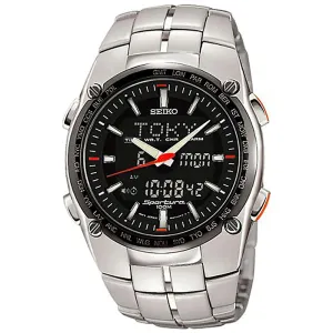 Seiko SNJ005 Men's Sportura GMT Ana-Digi Black Dial Steel Bracelet Chronograph Alarm Watch