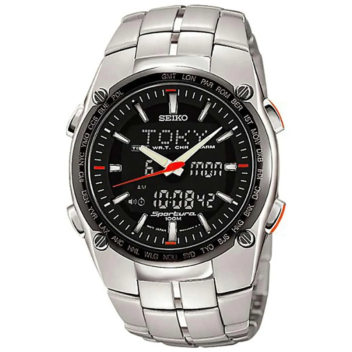 Seiko SNJ005 Men's Sportura GMT Ana-Digi Black Dial Steel Bracelet Chronograph Alarm Watch