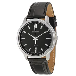 Seiko SUR045 Men's Classic Black Dial Black Leather Strap Quartz Watch