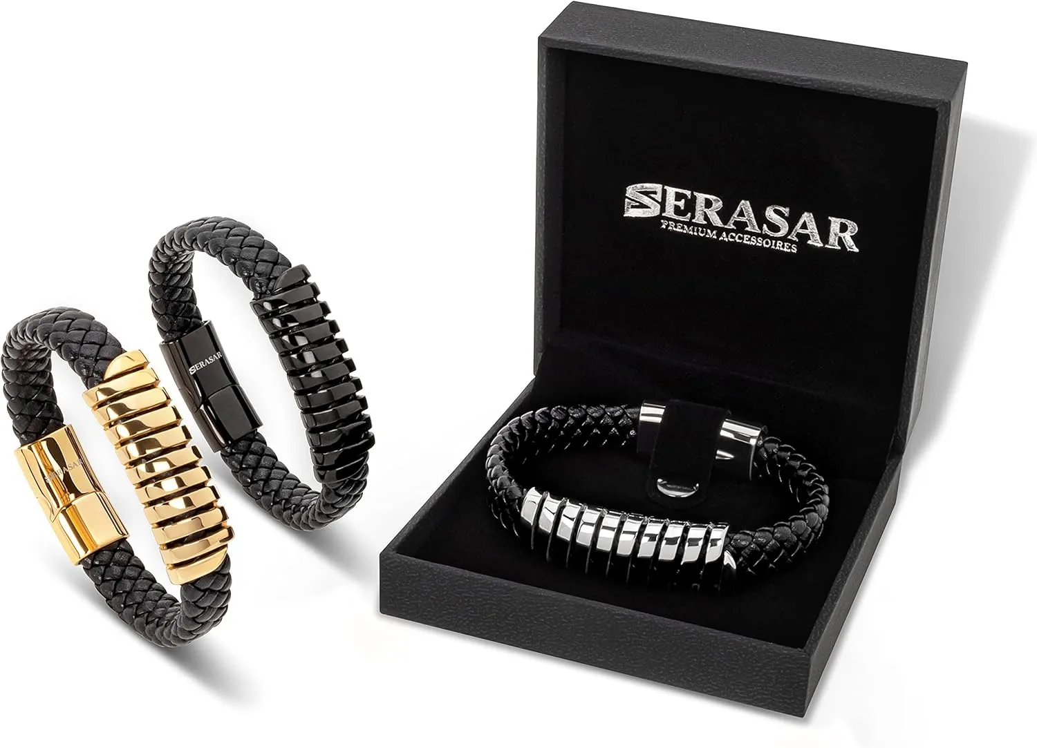 SERASAR Premium Leather Bracelet Men | Stainless Steel Magnetic Clasp | Three Colors | Jewelry Box Included