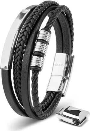 SERASAR Premium Leather Bracelet Men | Stainless Steel Magnetic Clasp | Three Colors | Jewelry Box Included