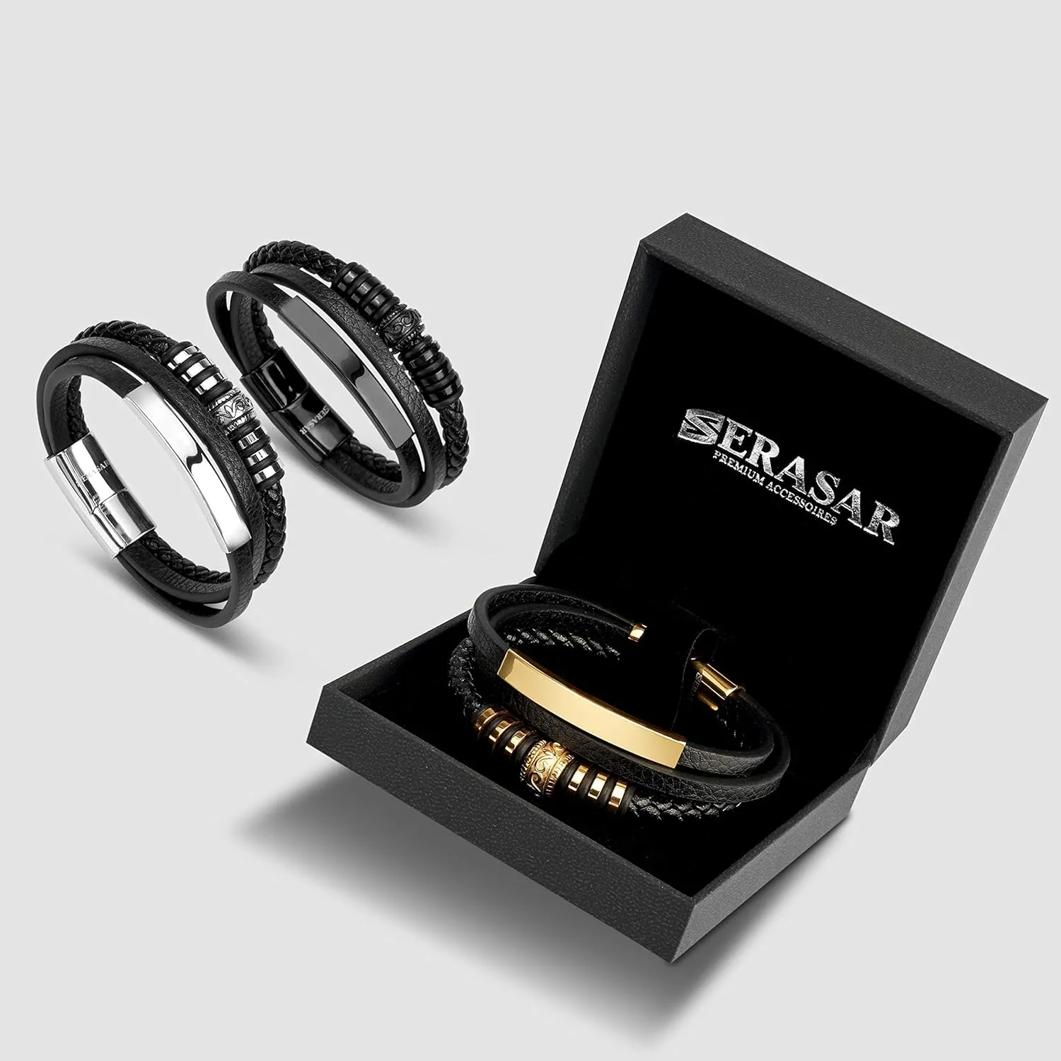 SERASAR Premium Leather Bracelet Men | Stainless Steel Magnetic Clasp | Three Colors | Jewelry Box Included
