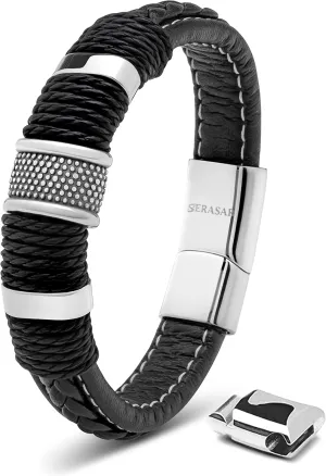 SERASAR Premium Leather Bracelet Men | Stainless Steel Magnetic Clasp | Three Colors | Jewelry Box Included