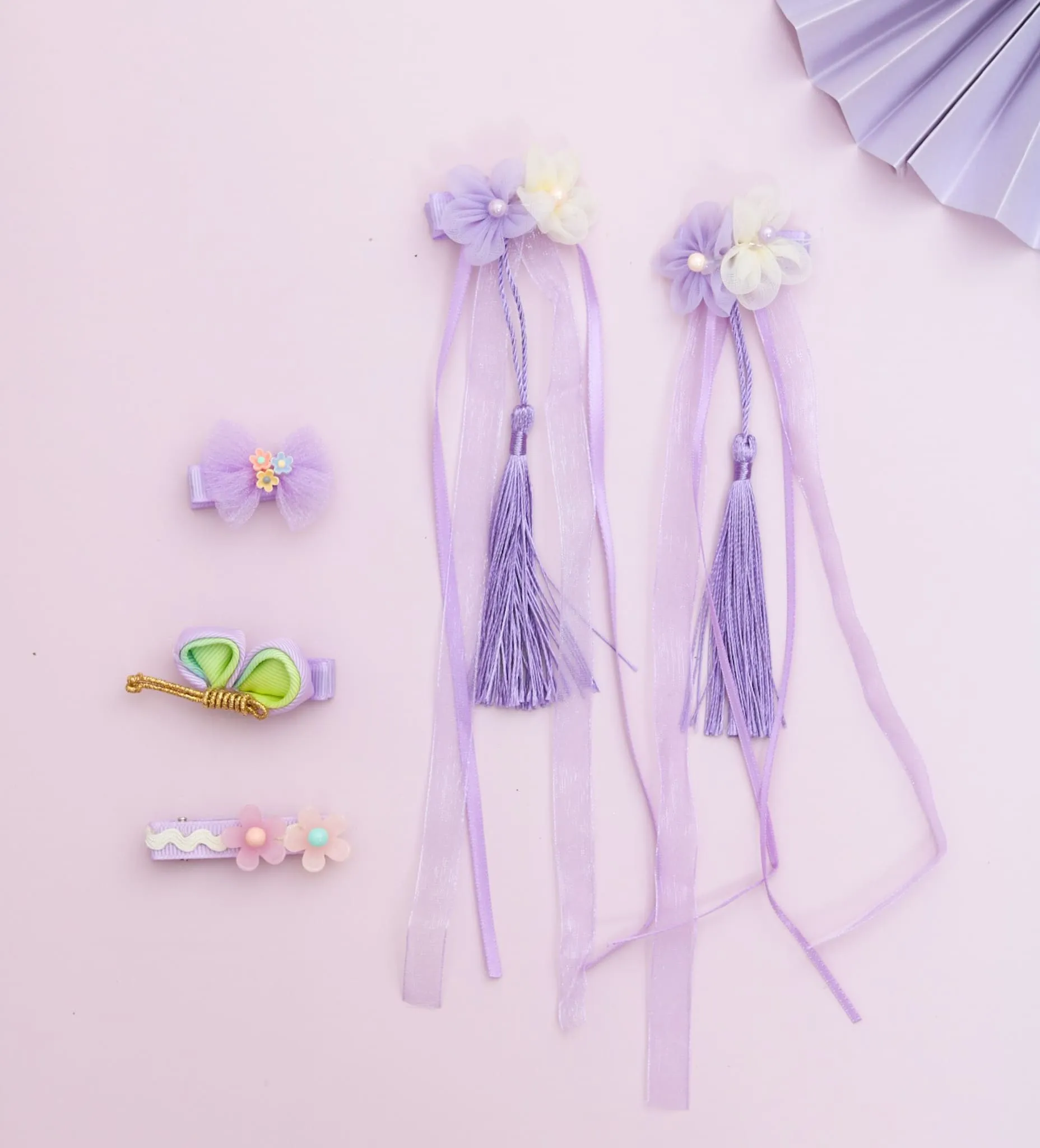 Set of 5 Flower Embellished Bow Hair Clips for Girls - Purple & Green