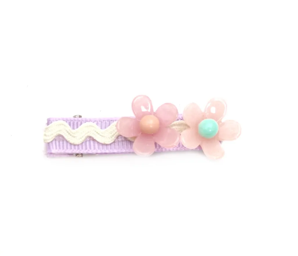 Set of 5 Flower Embellished Bow Hair Clips for Girls - Purple & Green