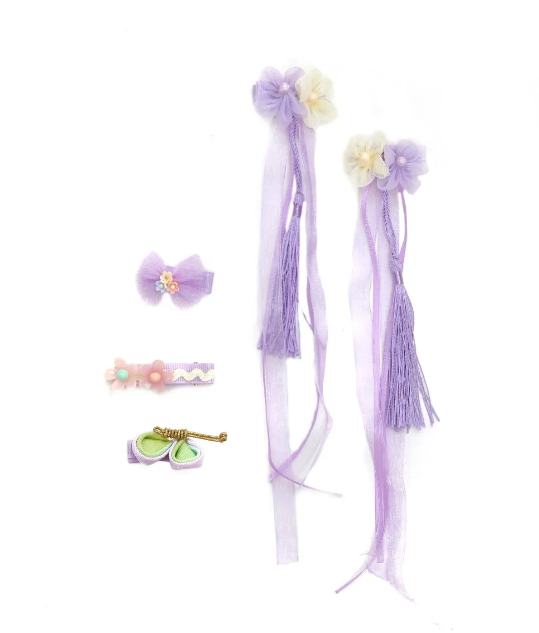 Set of 5 Flower Embellished Bow Hair Clips for Girls - Purple & Green