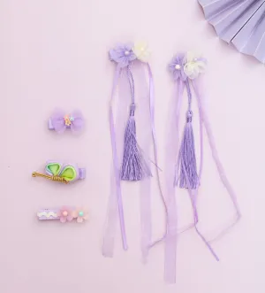 Set of 5 Flower Embellished Bow Hair Clips for Girls - Purple & Green