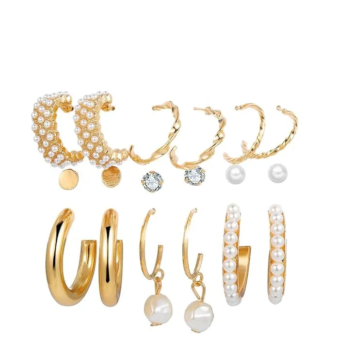 Set of 9 Golden Korean Earrings