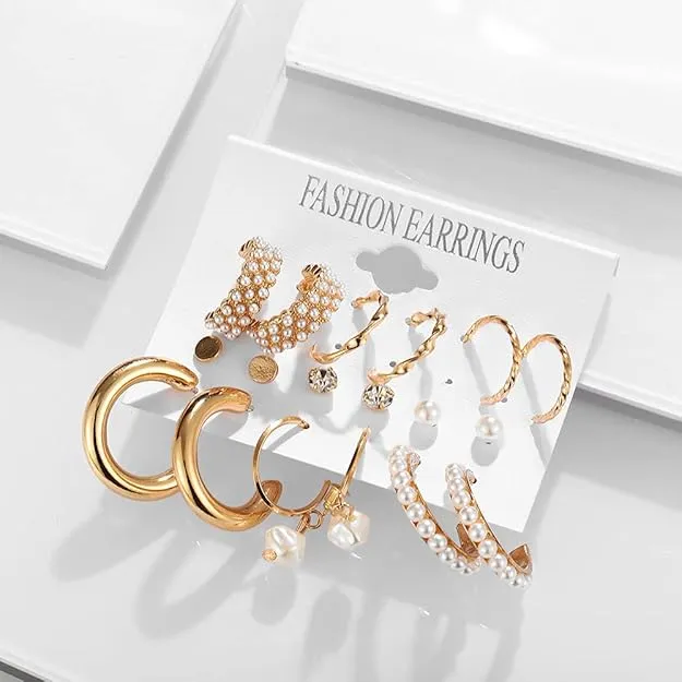Set of 9 Golden Korean Earrings