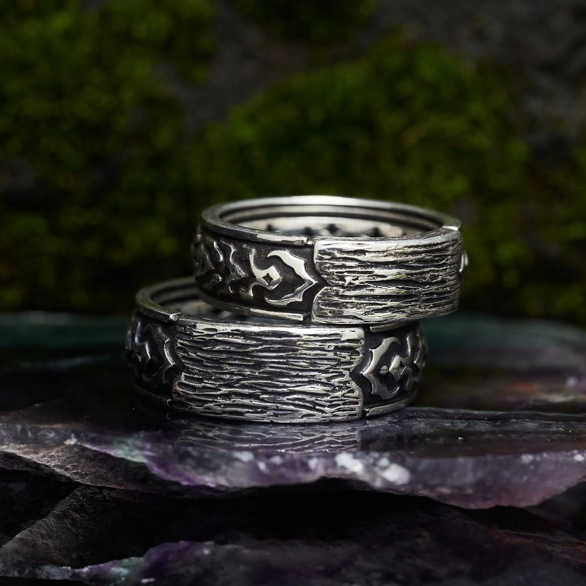 Set of male and female engagement rings with Ruby "Dusk"