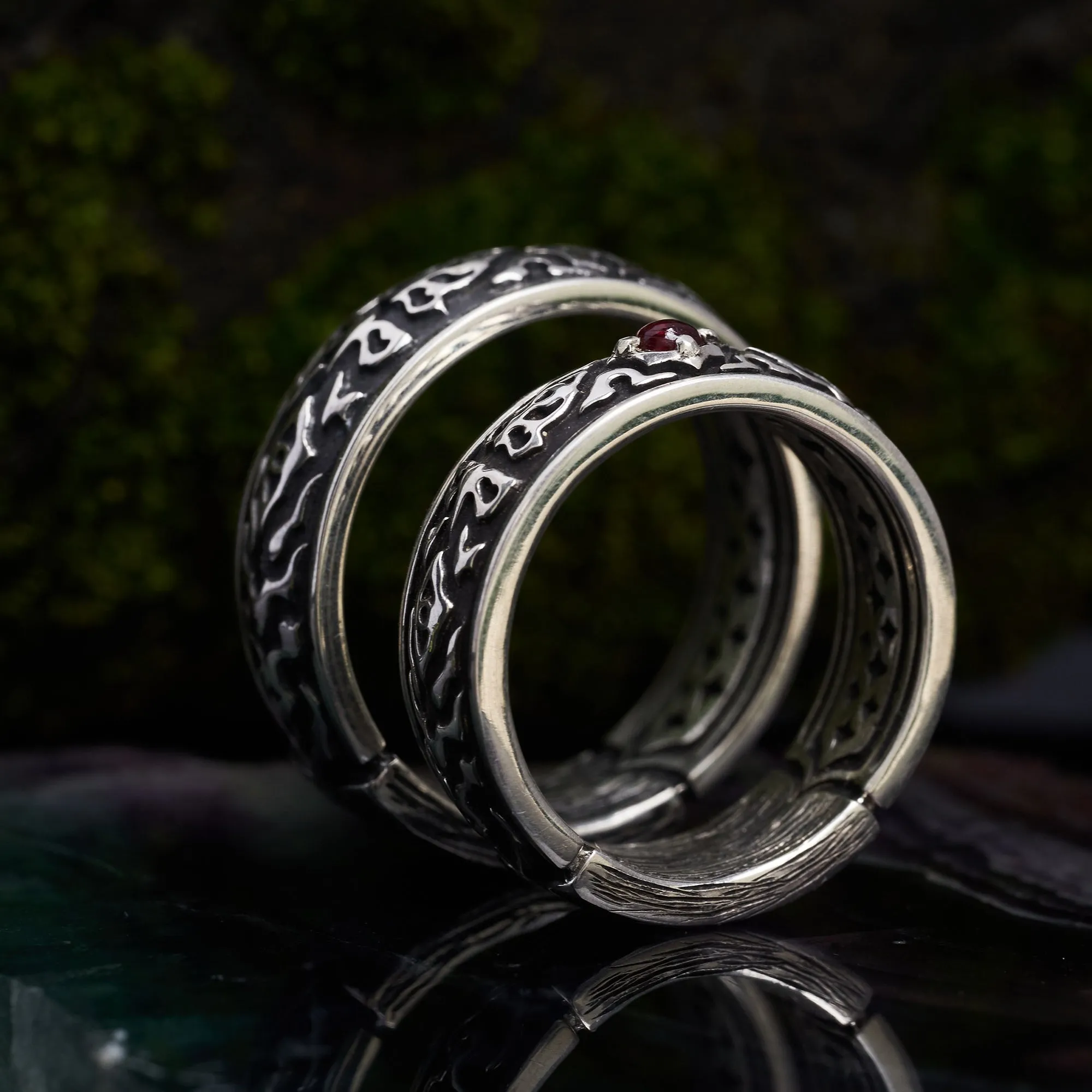 Set of male and female engagement rings with Ruby "Dusk"