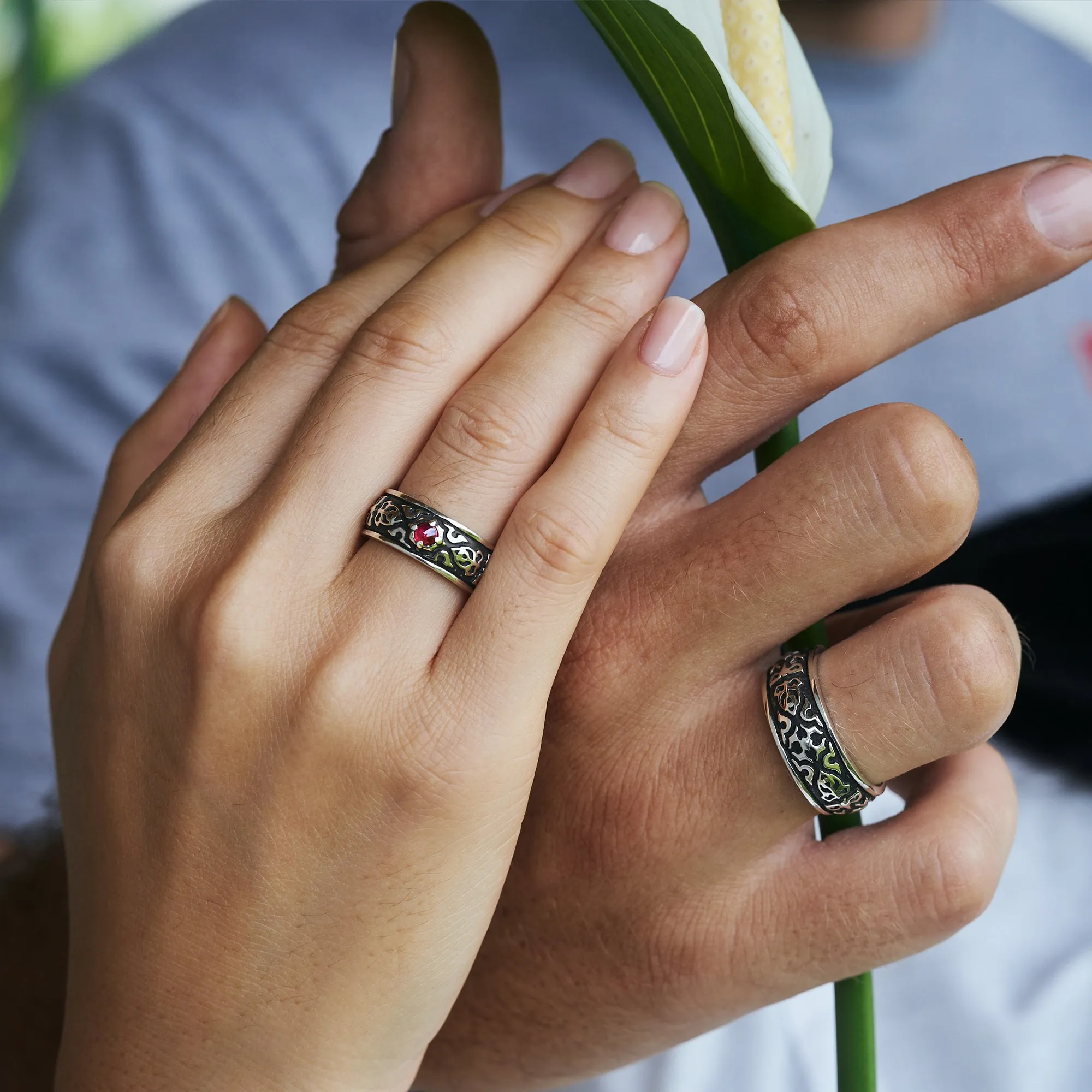 Set of male and female engagement rings with Ruby "Dusk"