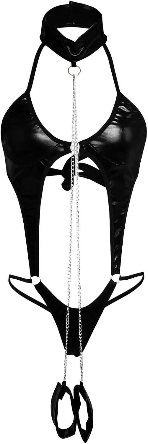 Sexy Lingerie for Women Patent Leather Choker Handcuffs Bodysuit One Piece Backless Chain G String Thong Babydoll