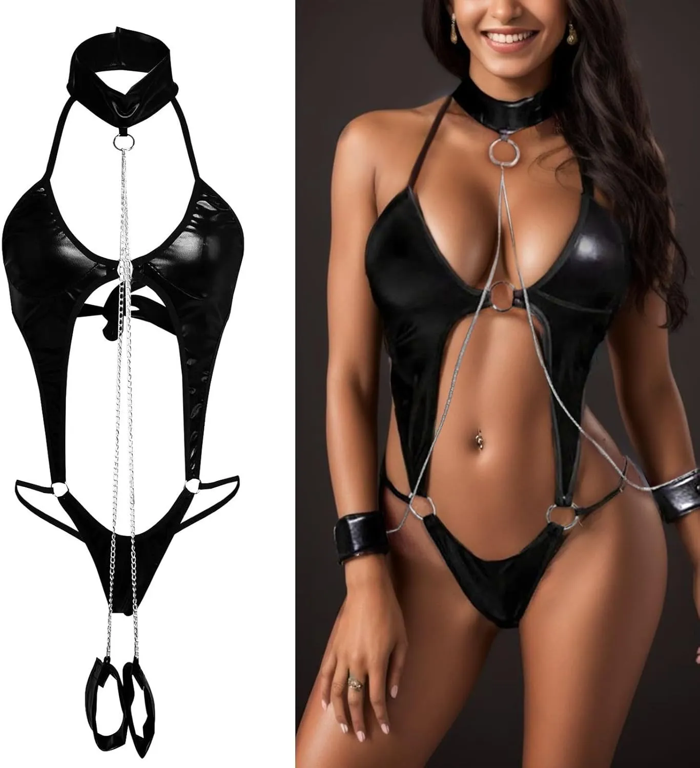 Sexy Lingerie for Women Teddy Patent Leather Backless Bodysuit Metal Chain Halter Choker Catsuit Valentine's Day Outfits